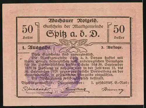 Notgeld Spitz 1920, 50 Heller, Gutschein der Marktgemeinde Spitz an der Donau, gültig bis 30. September 1920