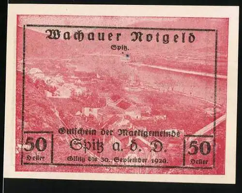 Notgeld Spitz, 1920, 50 Heller, Gutschein der Marktgemeinde Spitz a. d. D. mit landschaftlichem Hintergrund