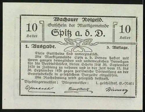 Notgeld Spitz an der Donau 1920, 10 Heller, Gutschein der Marktgemeinde Wachauer Notgeld