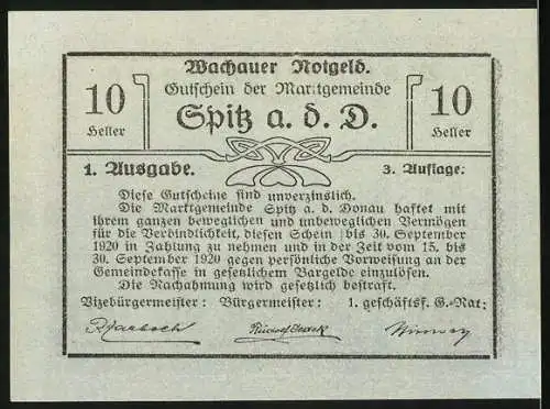 Notgeld Spitz a. d. Donau 1920, 10 Heller, Wachauer Notgeld mit Burgruine Aggstein und Gültigkeit bis 30. September 192