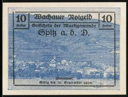 Notgeld Spitz a. d. Donau, 1920, 10 Heller, Blauer Druck mit Ortsansicht, 1. Ausgabe, 3. Auflage