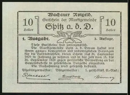 Notgeld Spitz a. d. Donau, 1920, 10 Heller, Blauer Druck mit Ortsansicht, 1. Ausgabe, 3. Auflage