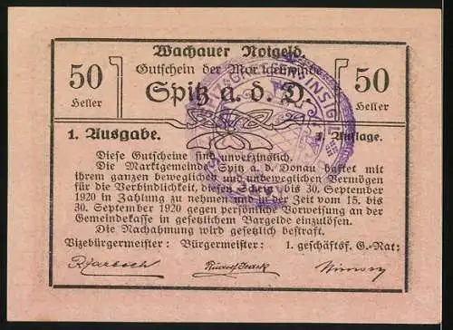 Notgeld Spitz a. d. Donau, 1920, 50 Heller, Wachauer Notgeld mit Burgmotiv und Gültigkeitsdatum