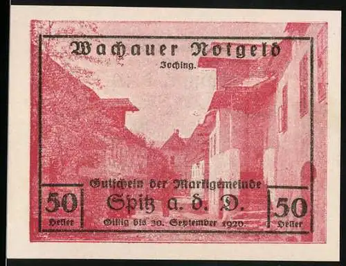 Notgeld Spitz a. d. Donau, 1920, 50 Heller, Gutschein der Marktgemeinde, gültig bis 30. September 1920