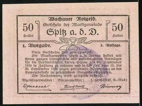 Notgeld Spitz a. d. Donau, 1920, 50 Heller, Gutschein der Marktgemeinde, gültig bis 30. September 1920