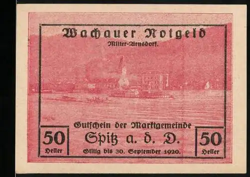 Notgeld Spitz a. d. Donau 1920, 50 Heller, Gutschein der Marktgemeinde Wachauer Notgeld mit Stadtansicht