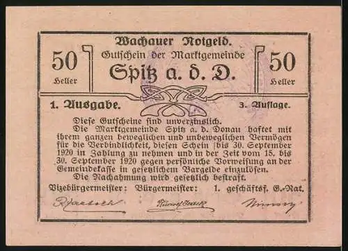 Notgeld Spitz a. d. Donau 1920, 50 Heller, Gutschein der Marktgemeinde Wachauer Notgeld mit Stadtansicht