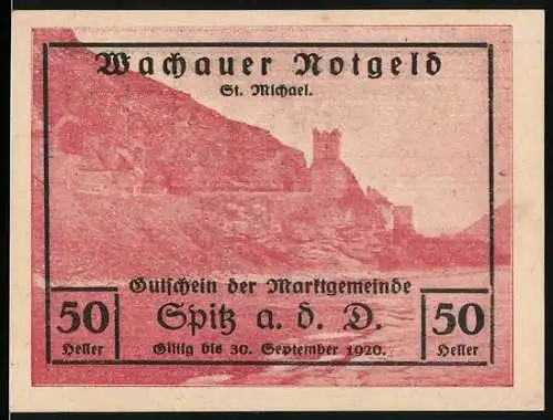 Notgeld Spitz a. d. Donau 1920, 50 Heller, Gutschein der Marktgemeinde mit Burgansicht