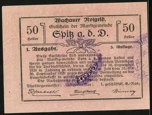 Notgeld Spitz a.d. Donau 1920, 50 Heller, Gutschein der Marktgemeinde, Wachauer Notgeld Schönbühel