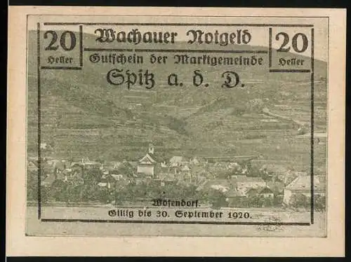 Notgeld Spitz a. d. D., 1920, 20 Heller, Gutschein der Marktgemeinde Wachauer Notgeld