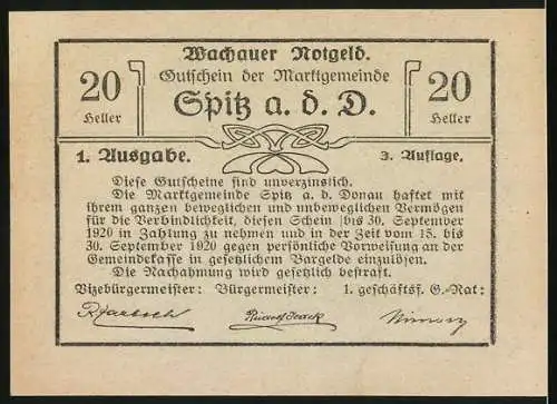 Notgeld Spitz a. d. D., 1920, 20 Heller, Gutschein der Marktgemeinde Wachauer Notgeld