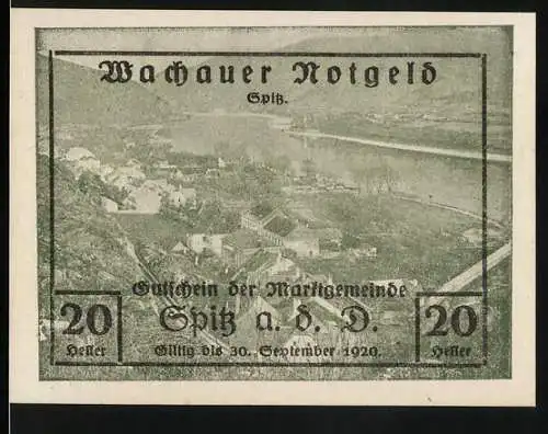 Notgeld Spitz 1920, 20 Heller, Gutschein der Marktgemeinde Spitz a.d. Donau mit Landschaft und Text