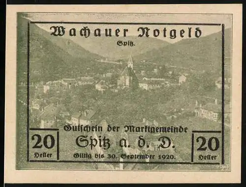 Notgeld Spitz an der Donau, 1920, 20 Heller, Gutschein der Marktgemeinde, Wachauer Notgeld grünliche Stadtansicht