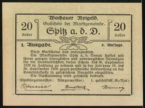 Notgeld Spitz an der Donau, 1920, 20 Heller, Gutschein der Marktgemeinde, Wachauer Notgeld grünliche Stadtansicht