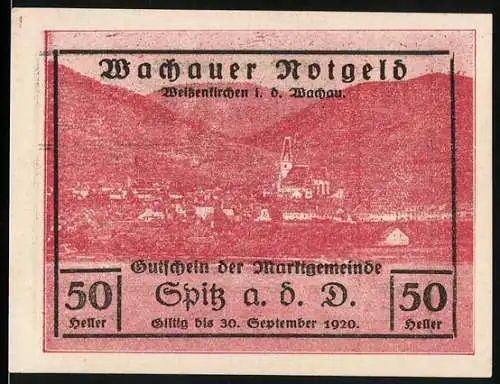 Notgeld Spitz a. d. D., 1920, 50 Heller, Wachauer Notgeld mit Landschaft und Beschriftung auf Rückseite