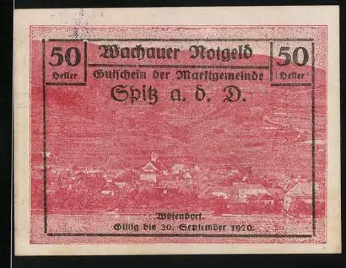 Notgeld Spitz a. d. D. 1920, 50 Heller, Wachauer Notgeld der Marktgemeinde, gültig bis 30. September 1920