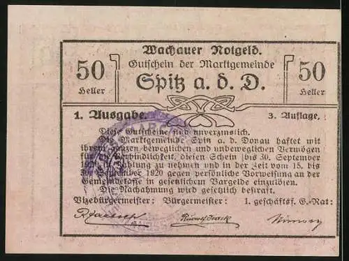 Notgeld Spitz a. d. D. 1920, 50 Heller, Wachauer Notgeld der Marktgemeinde, gültig bis 30. September 1920