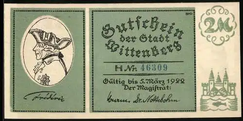 Notgeld Wittenberg, 1922, 2 Mark, grüne Vorderseite mit Porträt und Stadtansicht auf Rückseite