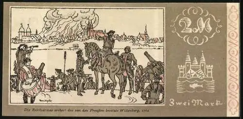 Notgeld Wittenberg, 1922, 2 Mark, grüne Vorderseite mit Porträt und Stadtansicht auf Rückseite