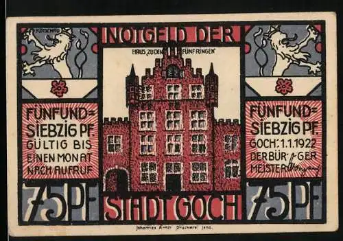 Notgeld Goch, 1922, 75 Pf, Haus zu den fünf Ringen und Szene mit Soldaten und Zivilisten