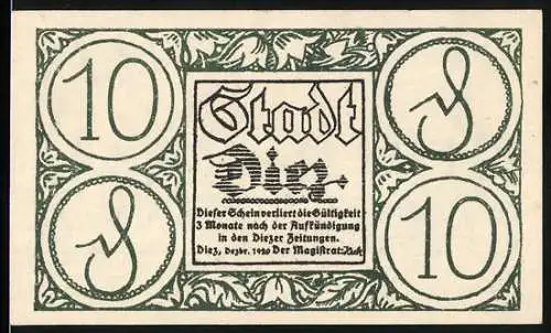 Notgeld Diez, 1920, 10 Pfennig, Stadtansicht und lateinischer Text