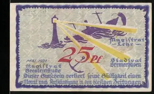 Notgeld Bremerhaven, 1921, 25 Pf, Leuchtturm und Stadtwappen, Seriennummer K 22324