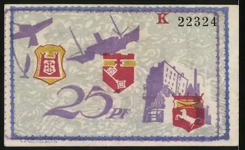 Notgeld Bremerhaven, 1921, 25 Pf, Leuchtturm und Stadtwappen, Seriennummer K 22324