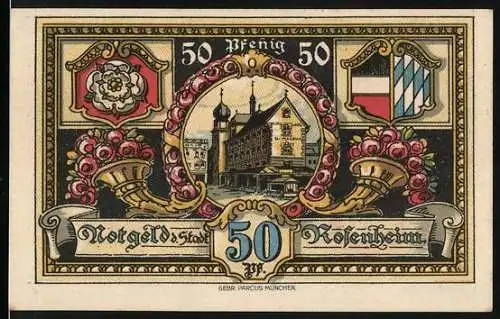 Notgeld Rosenheim 1921, 50 Pfennig, Wappen und Stadtansicht mit Bergen