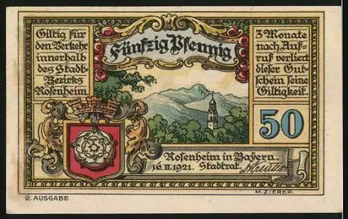 Notgeld Rosenheim 1921, 50 Pfennig, Wappen und Stadtansicht mit Bergen