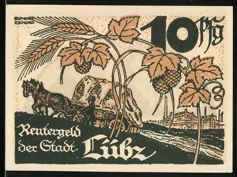 Notgeld Lübz, 1922, 10 Pfennig, Hopfenpflanze und Pferdefuhrwerk, Rückseite mit Bauernszene und Schriftzug