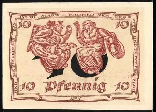 Notgeld Arnstadt 1921, 10 Pfennig, Skatkarte mit Teufelsdarstellung und Sprüchen