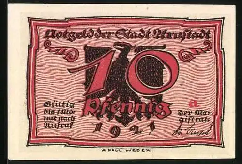 Notgeld Arnstadt 1921, 10 Pfennig, Skatkarte mit Teufelsdarstellung und Sprüchen