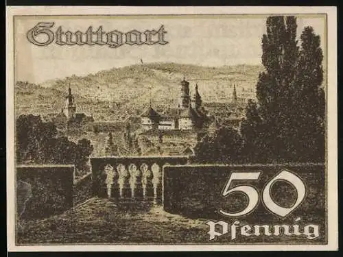 Notgeld Stuttgart 1921, 50 Pfennig, Stadtansicht und Wappen mit Pferd