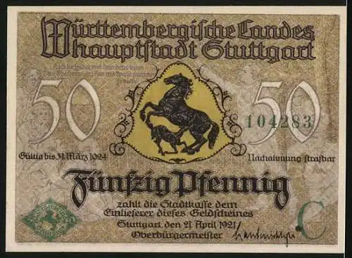 Notgeld Stuttgart 1921, 50 Pfennig, Stadtansicht und Wappen mit Pferd