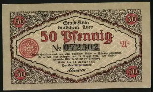 Notgeld Köln, 1922, 50 Pfennig, Soldat mit Pfeife und Windmühle, Seriennummer 072502, signiert von Oberbürgermeister