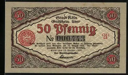 Notgeld Köln 1922, 50 Pfennig, Vorderseite mit Stadtwappen und Text, Rückseite mit Soldat und Stadtszene