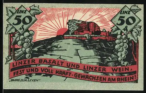 Notgeld Linz 1919, 50 Pfennig, Linzer Basalt und Wein, Burg zur Leyen, gültig bis Oktober 1923