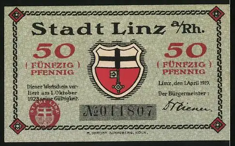 Notgeld Linz 1919, 50 Pfennig, Linzer Basalt und Wein, Burg zur Leyen, gültig bis Oktober 1923