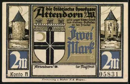 Notgeld Attendorn, 1922, 2 Mark, 700-jähriges Stadtjubiläum mit Motiv der Attendorner Tropfsteinhöhle und Stadtwappen