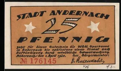 Notgeld Andernach, 1920, 25 Pfennig, Stadtsilhouette und Bibelzitat