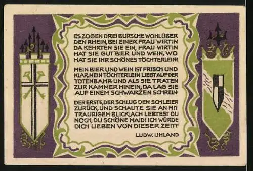 Notgeld Königswinter, 1921, 50 Pfennig, Dreiburgenbaum und Text von Ludw. Uhland