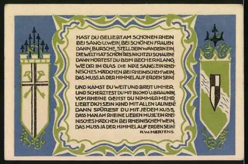 Notgeld Königswinter, 1921, 50 Pfennig, Landschaftsansicht mit Rhein und Text von H.W. Mertens