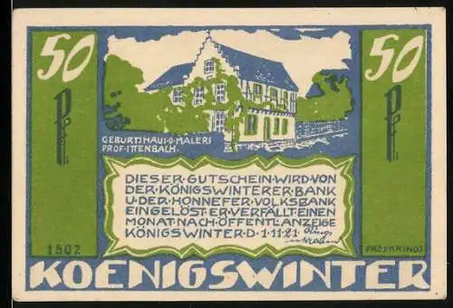 Notgeld Königswinter, 1921, 50 Pfennig, Geburtshaus des Malers Prof. Ittenbach und Gedicht von H. Dippel