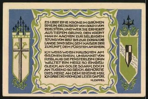 Notgeld Königswinter, 1921, 50 Pfennig, Geburtshaus des Malers Prof. Ittenbach und Gedicht von H. Dippel