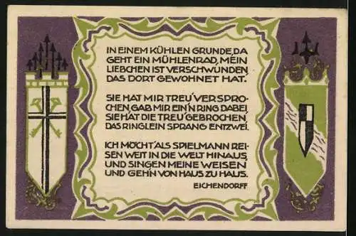 Notgeld Königswinter, 1921, 50 Pfennig, Darstellung der Mühle im Mühlengrunde und Gedicht von Eichendorff