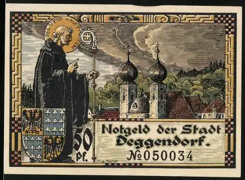 Notgeld Deggendorf, 1920, 50 Pfennig, Mönch mit Kirchtürmen und Stadtansicht mit Fluss