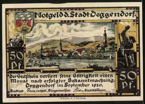 Notgeld Deggendorf, 1920, 50 Pfennig, Mönch mit Kirchtürmen und Stadtansicht mit Fluss