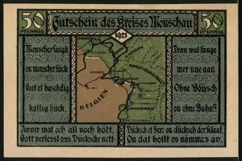 Notgeld Monschau, 1921, 50 Pfennig, Karte von Belgien und deutscher Grenzregion, Text auf Vorder- und Rückseite