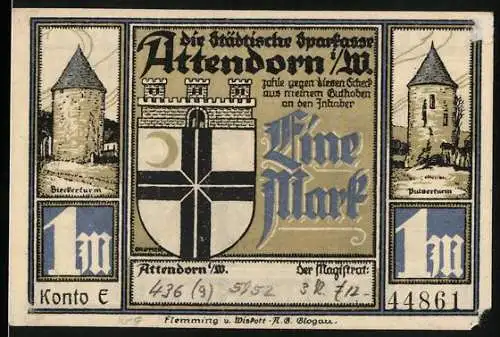 Notgeld Attendorn 1922, 1 Mark, Stadtansicht und Türme zum 700-jährigen Stadtjubiläum