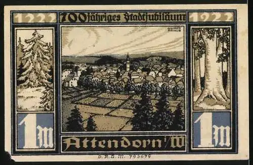 Notgeld Attendorn 1922, 1 Mark, Stadtansicht und Türme zum 700-jährigen Stadtjubiläum